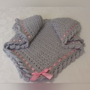 Gray Crochet Blanket with Pink Accents